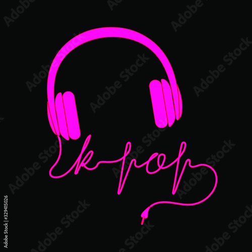 Silhouette of pink headphones and a word "k-pop" made of the cable. Vector illustration. Korean pop music. Banner, poster, greeting card, t-shirt, sticker, tag, bag print.