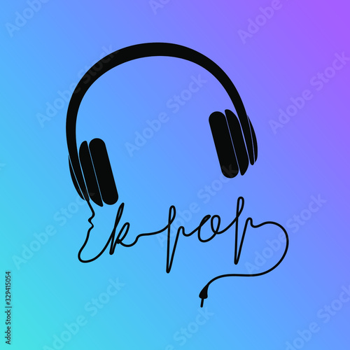 Silhouette of black headphones and a word "k-pop" made of the cable. Vector illustration. Korean pop music. Banner, poster, greeting card, t-shirt, sticker, tag, bag print.