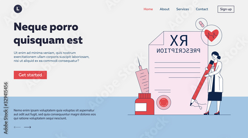 Pharmacist signing drug prescription flat vector illustration. Pharmaceutical painkiller medication RX prescription for sick patient. Pharmacy, healthcare, and medicine concept.