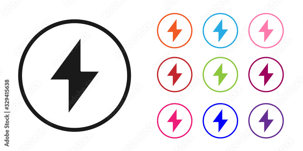 Black Lightning bolt icon isolated on white background. Flash sign. Charge flash icon. Thunder bolt. Lighting strike. Set icons colorful. Vector Illustration - obrazy, fototapety, plakaty 