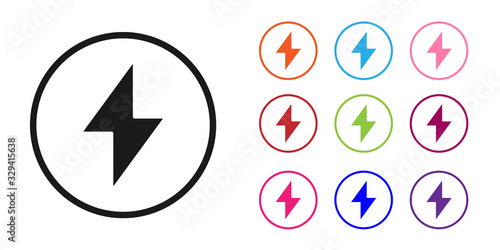 Black Lightning bolt icon isolated on white background. Flash sign. Charge flash icon. Thunder bolt. Lighting strike. Set icons colorful. Vector Illustration