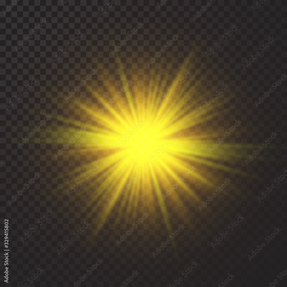Glow light effect. Starburst with sparkles on dark transparent background. Vector illustration