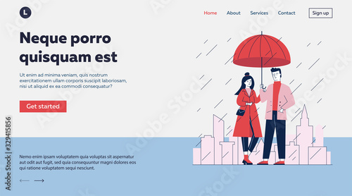 Couple standing under umbrella in street on rainy day. Man and woman in stylish red coat flat vector illustration. People in front of cityscape with skyscrapers and other buildings in rain