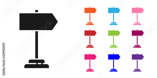 Black Road traffic sign. Signpost icon isolated on white background. Pointer symbol. Isolated street information sign. Direction sign. Set icons colorful. Vector Illustration