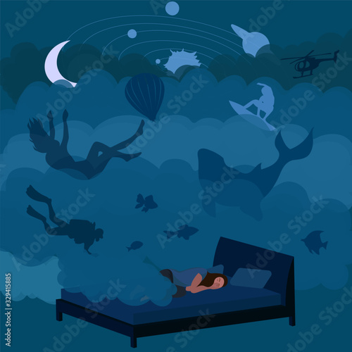 Lucid dreaming vector illustration. Awaken in a dream. The situations person can experience in dream. The concept of dreams, mind, spirituality, imagination and inner world.