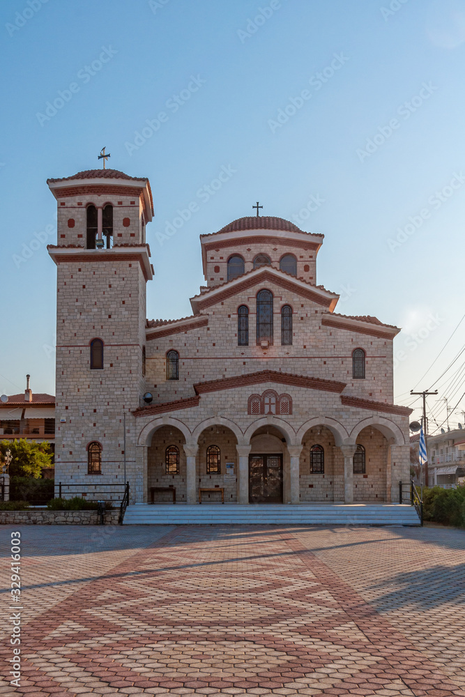 Kallithea, Greece - September 04,2019: Orthodox Church (in greek:ΑΓΙΟΣ ΠΑΝΤΕΛΕΗΜΩΝ) in Kallithea, Halkidiki.