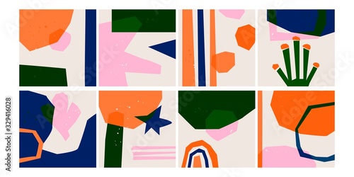 Hand drawn various shapes and doodle objects. Set of eight Abstract Backgrounds. Paper cut style. Stamp texture. Trendy Vector illustration. Perfect for textile prints. Every background is isolated 