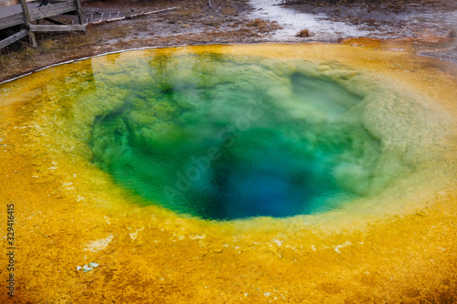 Morning Glory Pool with beautiful blue-green-yeellow colors in Yellowstone National Park, Wyoming, USA