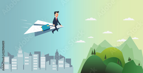 Businessman flying on a paper plane towards an island for vacation. Business people vacation concept. Holidays time, recreation and travel vector design
