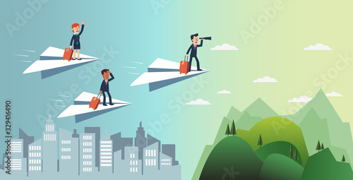 Business people flying on a paper plane towards an island for vacation. Business people vacation concept. Holidays time, recreation and travel vector design