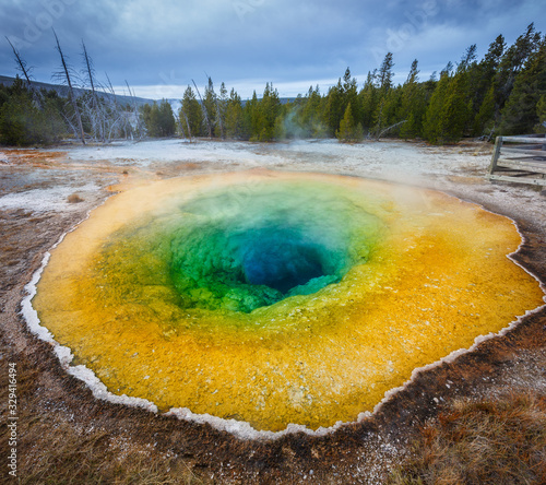 Morning Glory Pool with beautiful blue-green-yeellow colors in Yellowstone National Park, Wyoming, USA photo