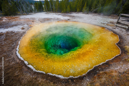 Morning Glory Pool with beautiful blue-green-yeellow colors in Yellowstone National Park, Wyoming, USA photo