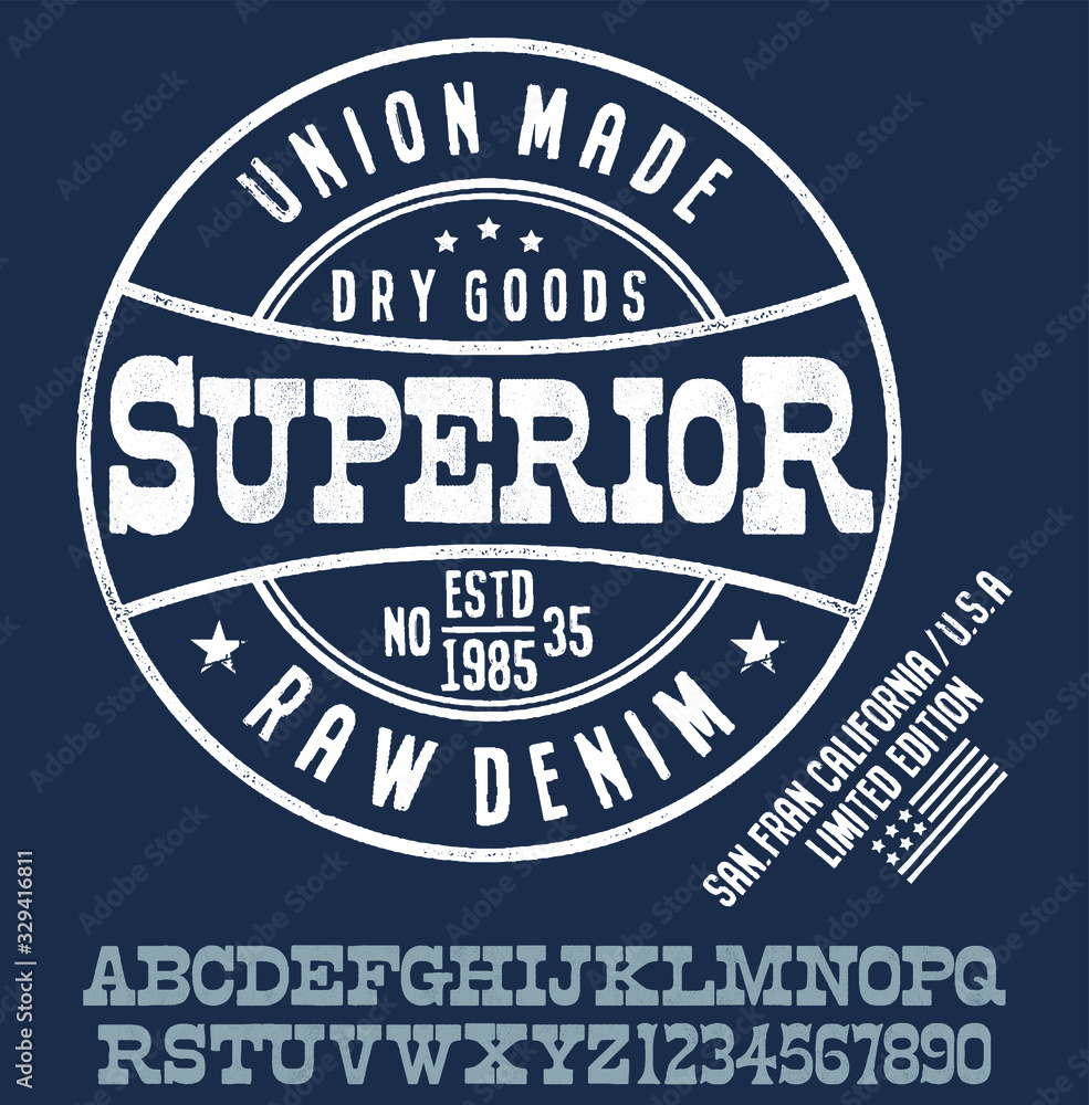 Vector illustration on the theme of denim, raw and jeans in New York City. Vintage design. Grunge background. Typography, t-shirt graphics, print, poster, banner, flyer, postcard.Handmade Vintage Font