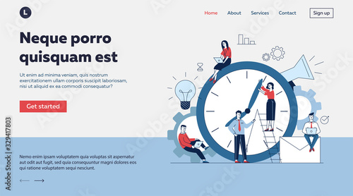 Managers adjusting clock hands. People using laptops, working on project together flat vector illustration. Time management, deadline concept for banner, website design or landing web page