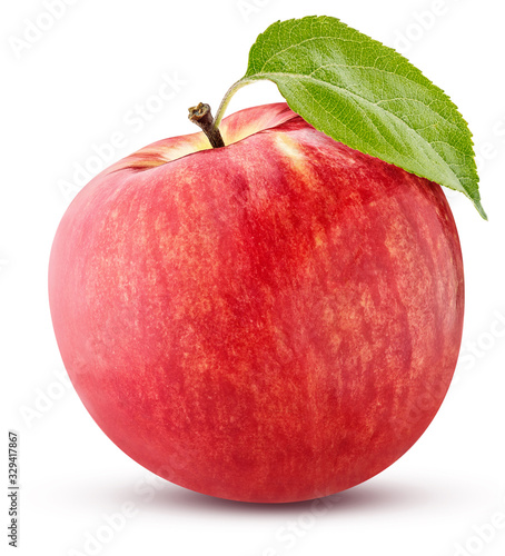 ripe red apple with a green leaf isolated on white