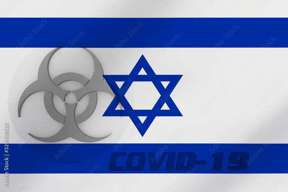 3D ILLUSTRATION VIRUS, BIOHAZARD SYMBOL CORONAVIRUS WITH Israel FLAG, Flu coronavirus floating, micro view, pandemic virus infection, asian flu. 3D ILLUSTRATION VIRUS, BIOHAZARD SYMBOL CORONAVIRUS WITH Israel FLAG, Flu coronavirus floating, micro view, pandemic virus infection, asian flu.