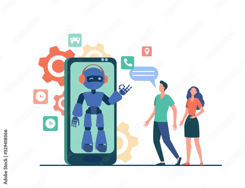Young couple chatting with robotic assistant on smartphone screen. Chatbot helping customers with their problems. Vector illustration for customer support, help, automatic assistance concept Young couple chatting with robotic assistant on smartphone screen. Chatbot helping customers with their problems. Vector illustration for customer support, help, automatic assistance concept