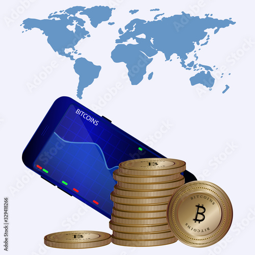 Smartphone with chart, metal bitcoin, world map - - isolated on a white background - vector. Business concept. Finance. Tracking the course in real time.