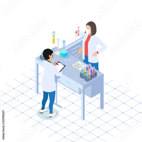 Scientific laboratory isometric icons set with staff during work equipment and furniture blue isolated. Scientist use tube lab for experiment. Observation process.