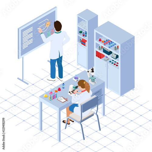 Scientists do observation for vaccine in whiteboard. Observation using a microscope. isometric people in laboratory.