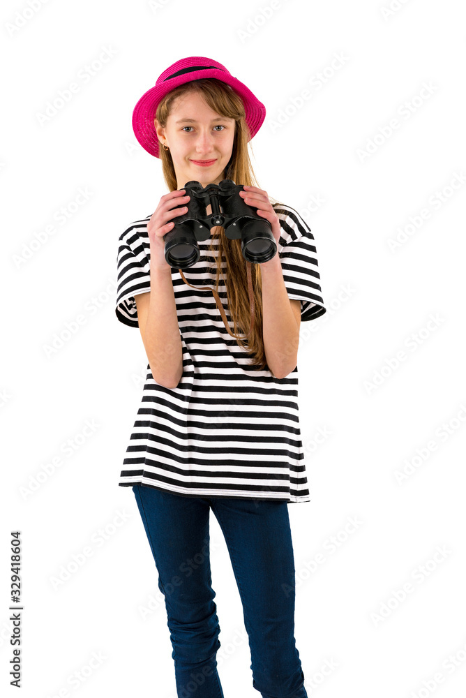 Young brunette girl wering trendy clothes with binoculars on white isolated background.Copy space,mock up banner.Summer concept. Young brunette girl wering trendy clothes with binoculars on white isolated background.Copy space,mock up banner.Summer concept.