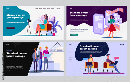 Job communications set. Vlogger speaking for camera, laptop users talking, builders group. Flat vector illustrations. Work, professionals concept for banner, website design or landing web page