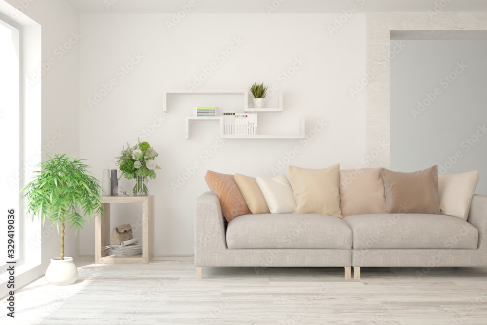 Fototapeta premium Modern living room in white color with sofa. Scandinavian interior design. 3D illustration