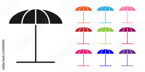 Black Sun protective umbrella for beach icon isolated on white background. Large parasol for outdoor space. Beach umbrella. Set icons colorful. Vector Illustration