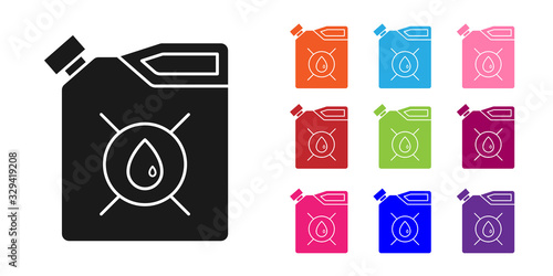 Black Canister for motor machine oil icon isolated on white background. Oil gallon. Oil change service and repair. Engine oil sign. Set icons colorful. Vector Illustration