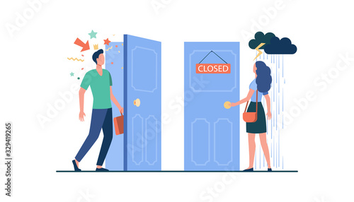 Woman standing in rain and thunderstorm at close door. Man coming by open door with festive confetti. Vector illustration for gender inequality, business discrimination, social issues concept