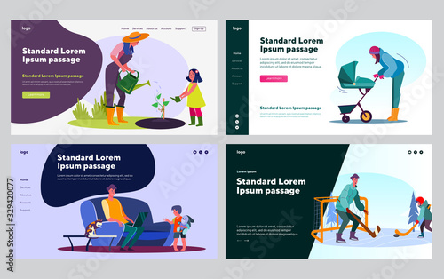 Parent entertaining kid set. Mom or dad with child gardening, walking, playing sport game. Flat vector illustrations. Leisure, family, activity concept for banner, website design or landing web page