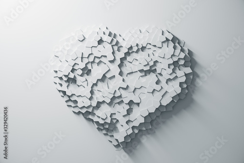 Abstract White Geometric Heart, 3d rendering background for business presentation. Soft shadows and reflection. Paper Wave 