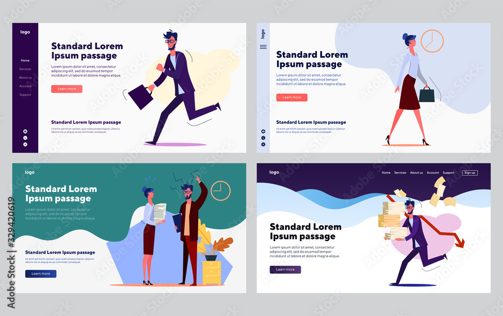 Low performing employee set. Worker running with papers, arguing with colleague. Flat vector illustrations. Time management problem, work failure concept for banner, website design or landing web page