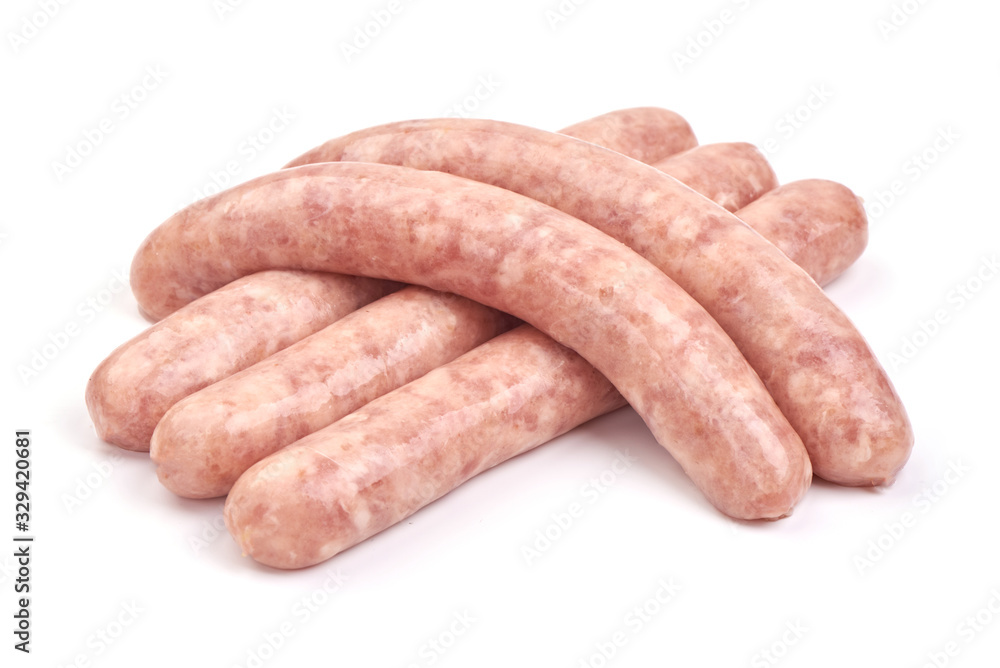 Sausages for frying, grill pork sausages, isolated on white background Sausages for frying, grill pork sausages, isolated on white background
