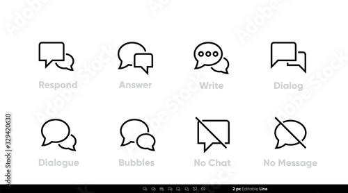 Talk icon line. Respond, Answer, Dialog, No Chat, No Message set. Editable line stroke on white