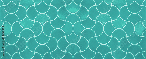 Retro vintage turquoise aquamarine Fish scale tiles texture background banner panorama 