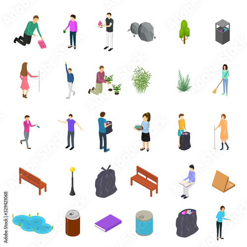 People Sorting Waste Rubbish Concept Icon Set 3d Isometric View. Vector