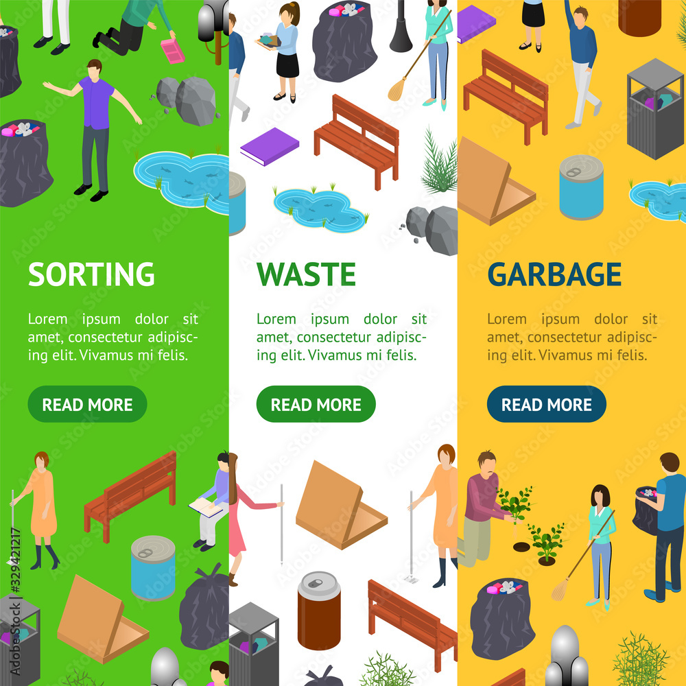 People Sorting Waste Rubbish Concept Banner Vecrtical Set 3d Isometric View. Vector