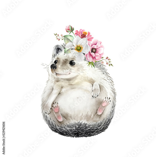 hedgehog cute animal with flowers on his head, isolated watercolor illustration