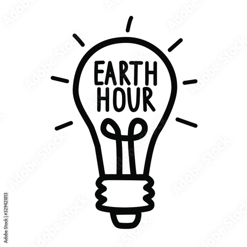 Earth Hour. Vector illustration of a light bulb on a white background. Calligraphy and lettering. The concept of ecology and energy conservation.