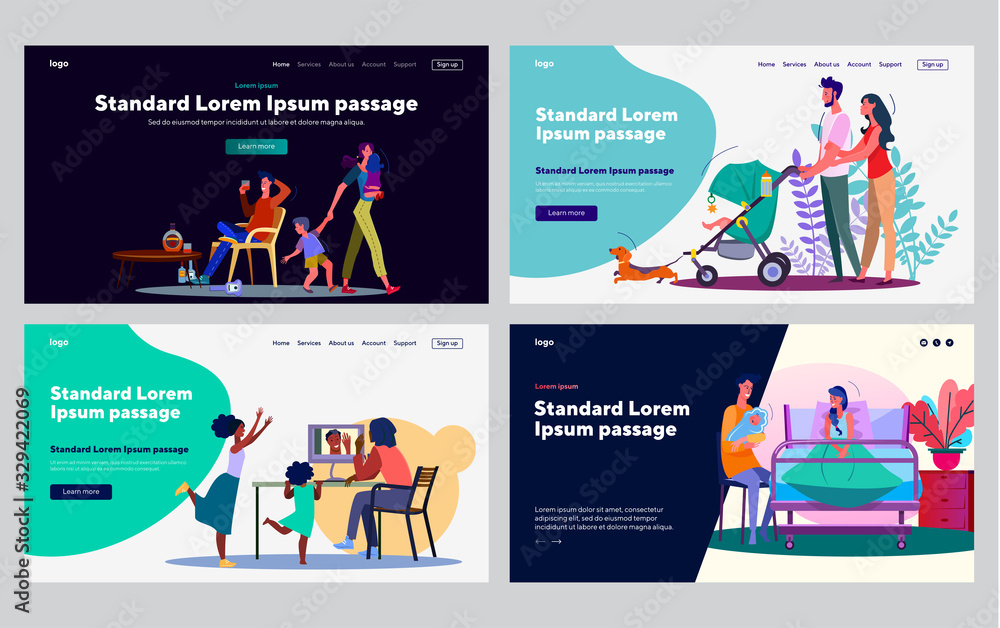 Happy and unhappy families set. Parents and kids video chat, walk with stroller, drunk dad. Flat vector illustrations. Parenting, child care concept for banner, website design or landing web page