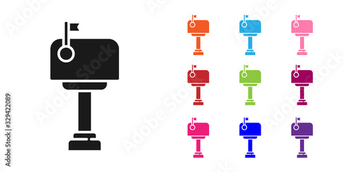 Black Mail box icon isolated on white background. Mailbox icon. Mail postbox on pole with flag. Set icons colorful. Vector Illustration