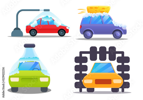 Car wash icons set. Cartoon set of car wash vector icons for web design