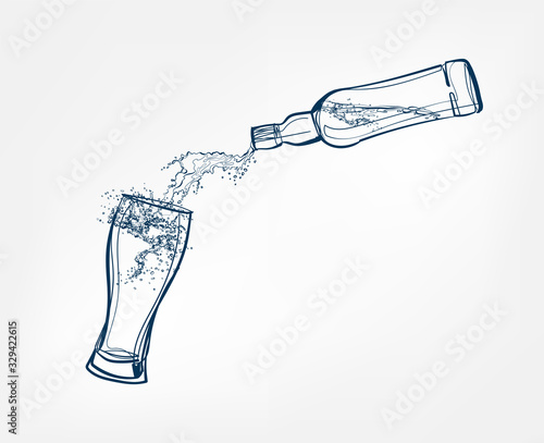 beer glass splash bottle vector one line art drink isolated sketch