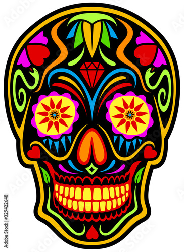 Vector illustration of a colorfully decorated black sugar skull (calavera).