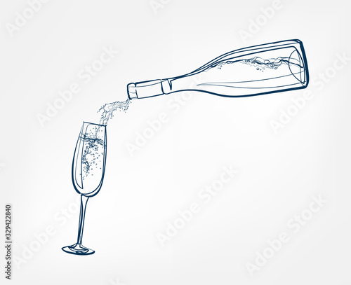 champagne glass bottle vector one line art drink isolated sketch