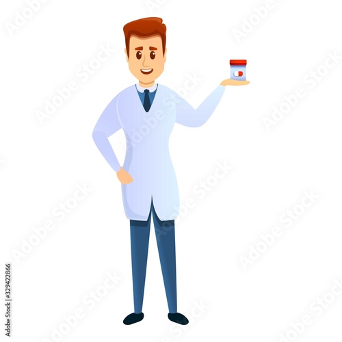 Podiatrist with capsule jar icon. Cartoon of podiatrist with capsule jar vector icon for web design isolated on white background