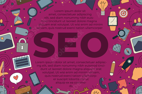 SEO icons set composition with seo text. Simple color icons for seo, business and social media marketing