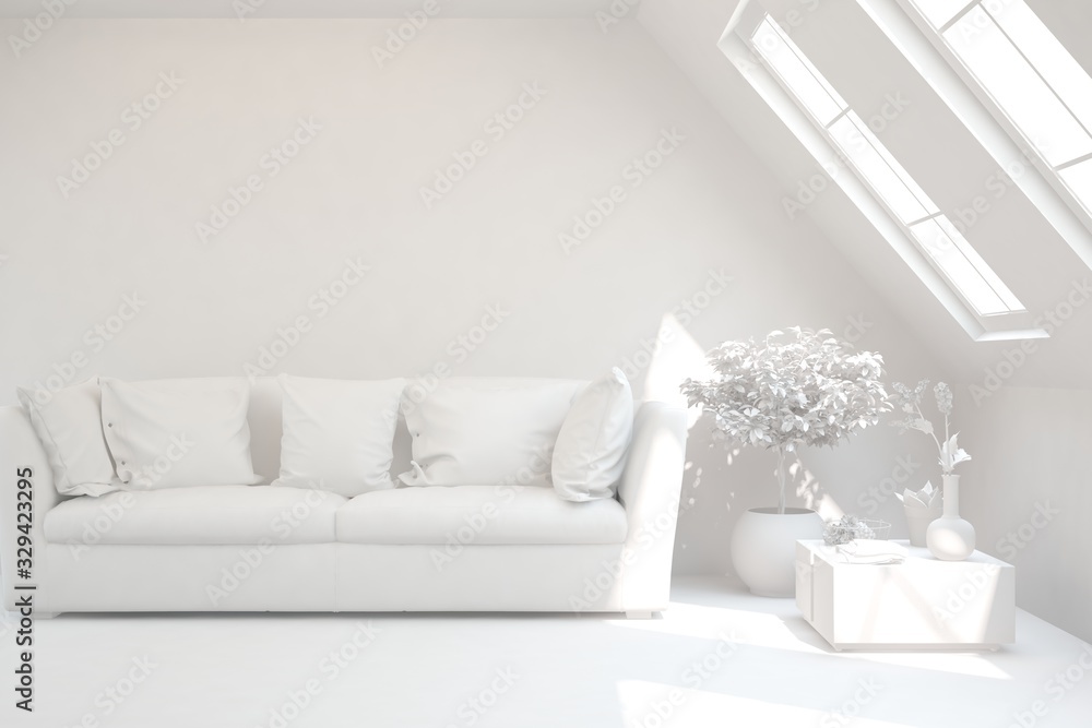 Mock up of minimalist living room in white color with sofa. Scandinavian interior design. 3D illustration Mock up of minimalist living room in white color with sofa. Scandinavian interior design. 3D illustration