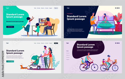 Happy family activities set. Parents and children walking, riding bikes, soothing baby. Flat vector illustrations. Leisure, child care concept for banner, website design or landing web page